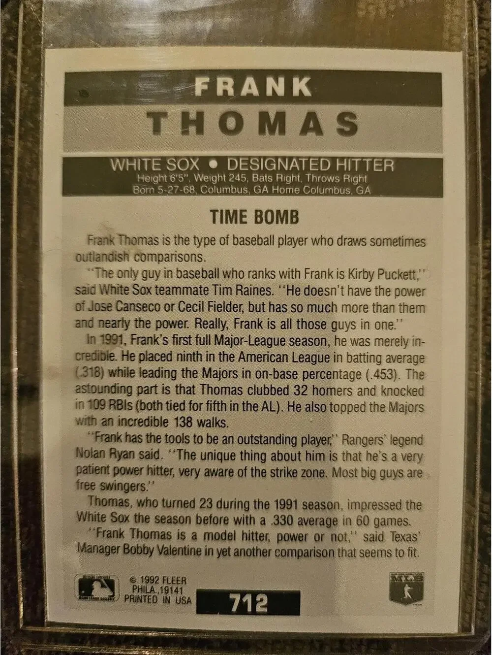 1992 Fleer FRANK THOMAS Chicago White Sox Pro-Visions Card HOF
